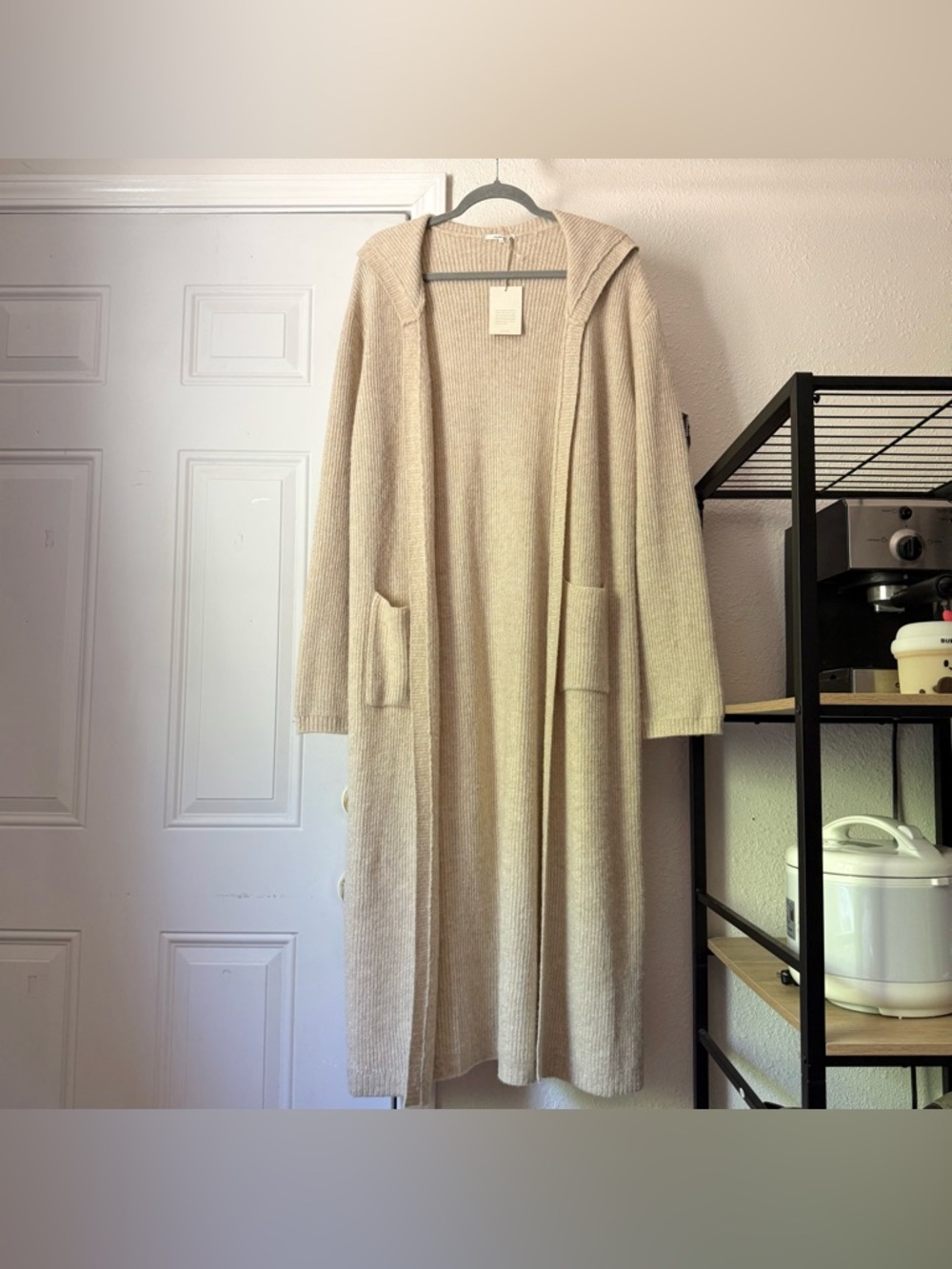 NWT‎ TULAROSA cream wool metallic glitter hood long line duster cardigan sweater